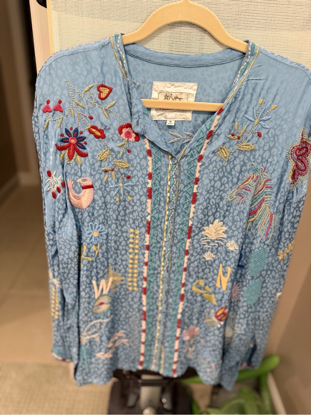 Johnny Was Light Blue Embroidered Tunic Top